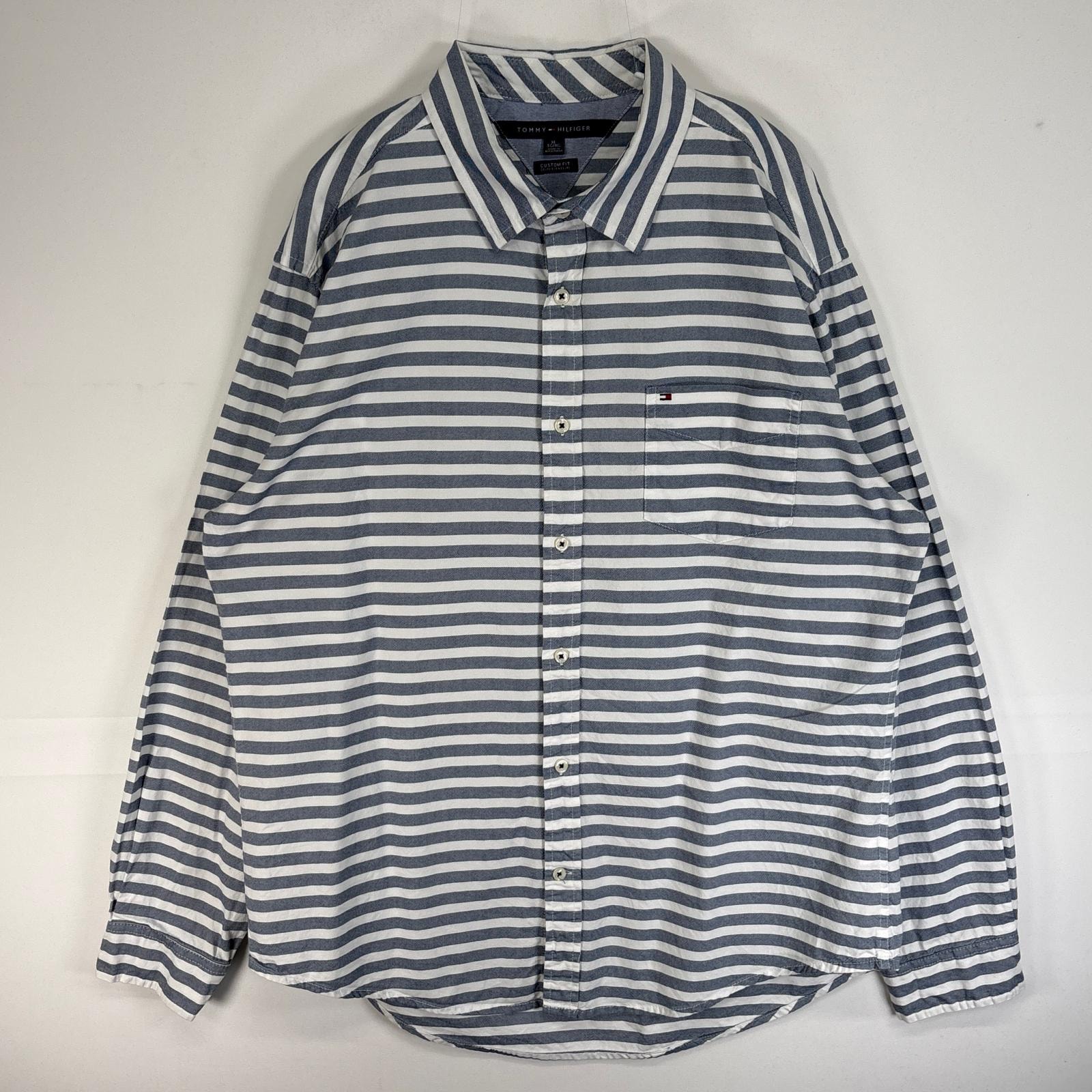古着 トミーヒルフィガー TOMMY HILFIGER 長袖シャツ ロゴ 刺繍 胸ポケ XL ネイビー系 ボーダー メンズ