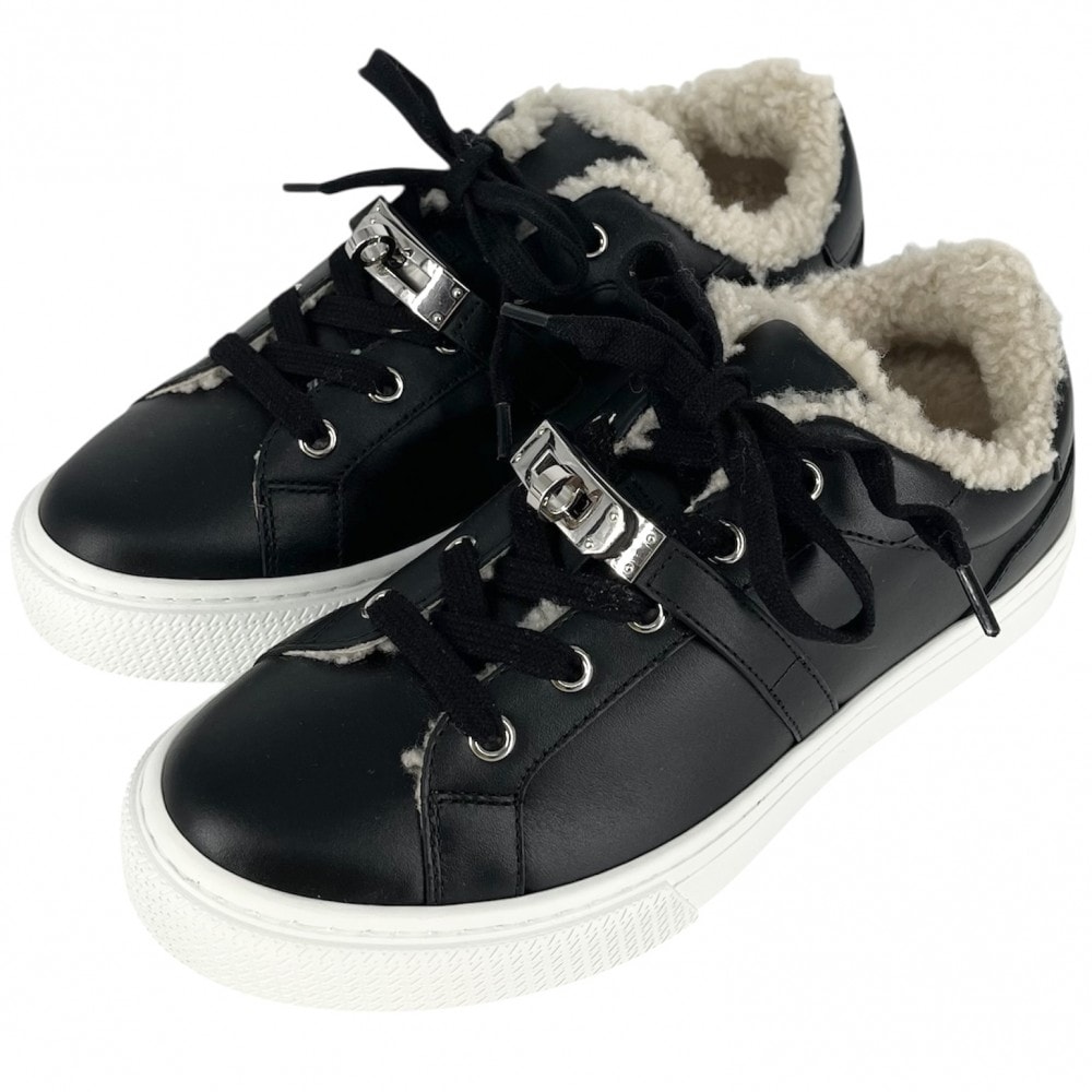 HERMES エルメス スニーカー デイ ケリー ローカット ムートン シューズ 靴 36サイズ 23cm レザー    ブラック 黒 ホワイト 白 シルバー金具 レディース 美品【中古品】