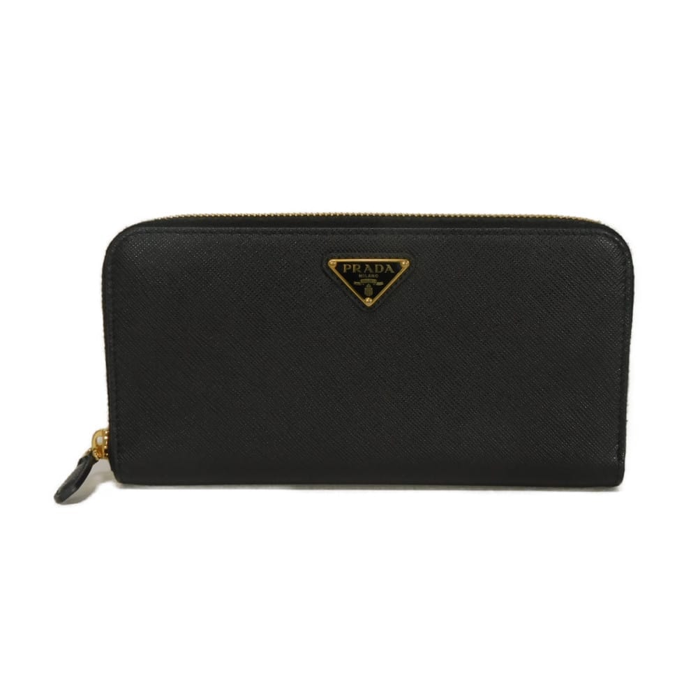 PRADA プラダ サフィアーノ ジップアラウンドウォレット 現行 カーフ ブラック エナメル プレート ゴールド ラウンドファスナー 札入れ カードケース コインケース RFID ICチップ トライアングルロゴ ネロ 長財布 1ML506 QHH F0002