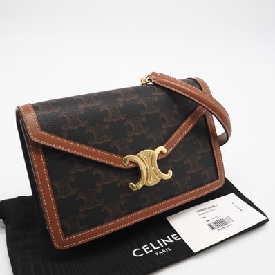 極美品 CELINE セリーヌ トリオンフキャンバス&カーフスキン チェーンウォレット マーゴ 10L462DQB ショルダーバッグ ブラウン ベージュ キャンバス カーフレザー レディース