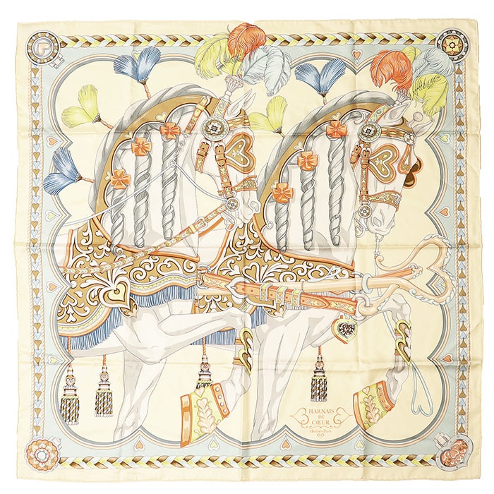 【新品同様】HERMES エルメス カレ90 Harnais de Coeur アルネ・ドゥ・クール ロゴ ホース 馬車 メンズ レディース ユニセックス シルク100% スカーフ 小物 アイボリー フランス製