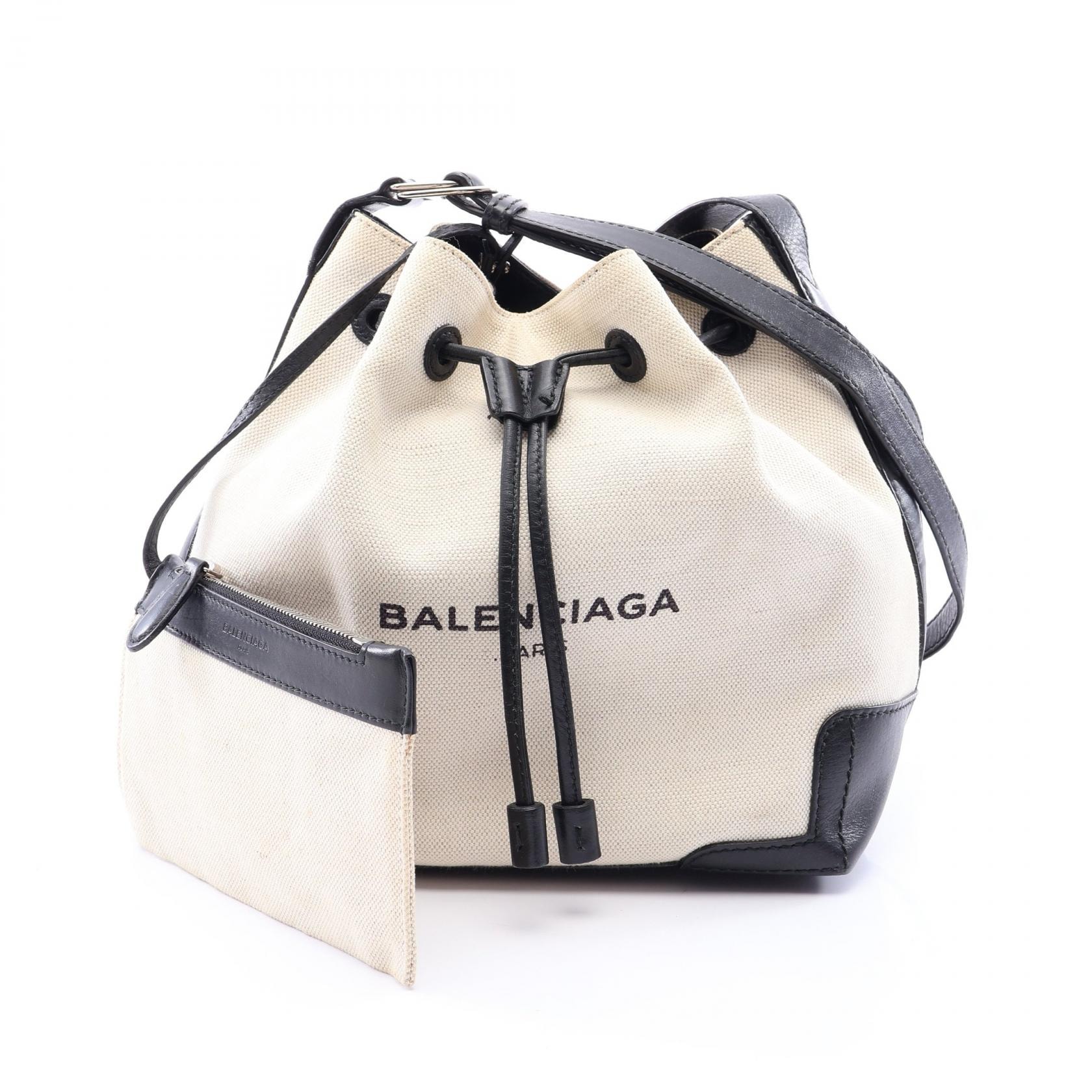 バレンシアガ BALENCIAGA ネイビー バケット ショルダーバッグ バッグ キャンバス レザー レディース アイボリー系 / ブラック系 409000 【中古】