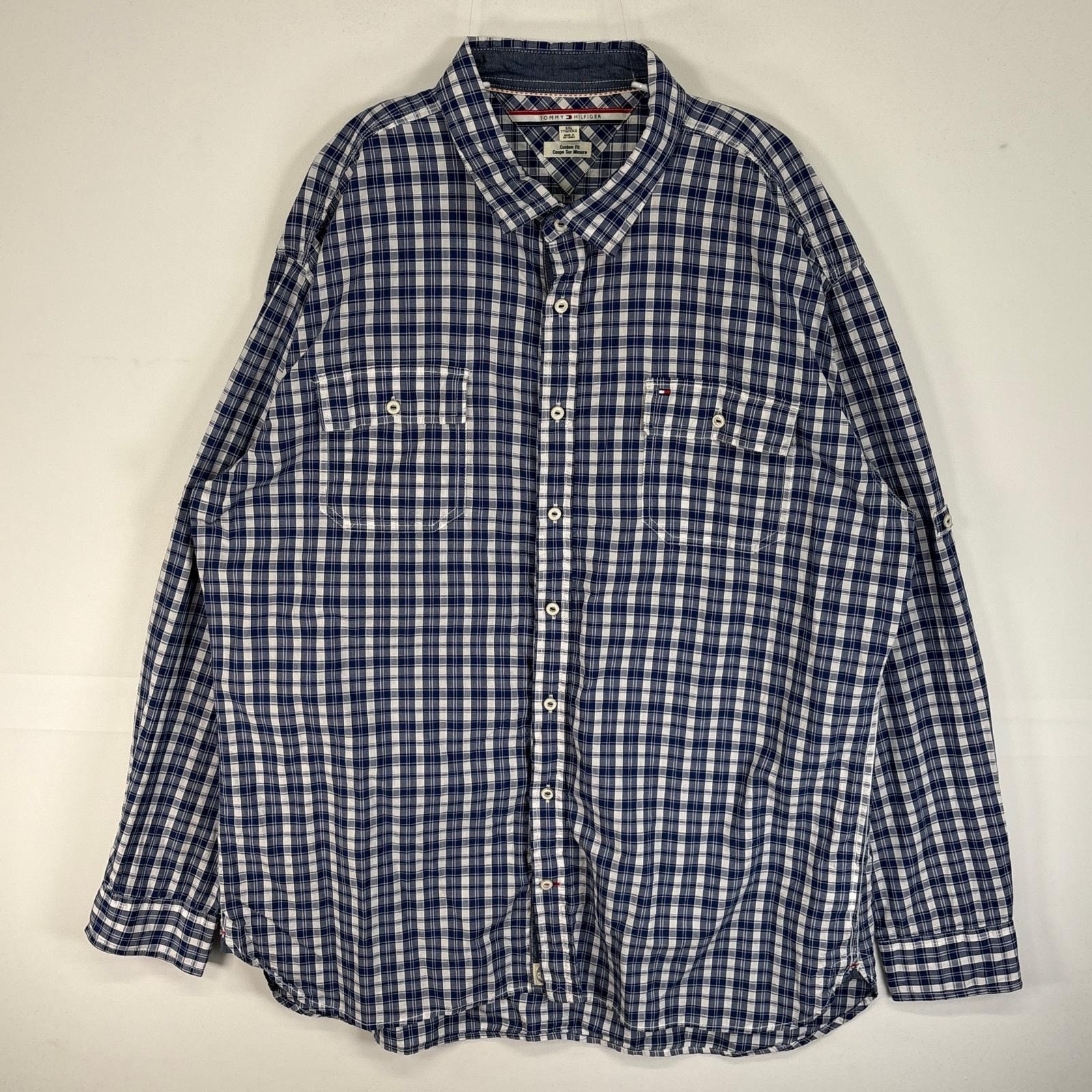 古着 トミーヒルフィガー TOMMY HILFIGER 長袖シャツ フラップポケ ロールアップ ロゴ 刺繍 ボタンダウン 14041  ブルー系 チェック メンズ