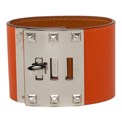 エルメス ケリードッグ エクストリーム ブレスレット #S オレンジ系 シルバー金具 レザー メタル レディース HERMES 中古