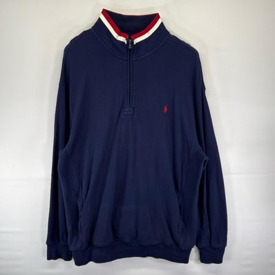 古着 ポロバイラルフローレン Polo by Ralph Lauren 鹿の子 スウェット ハーフジップ ワンポイント トレーナー 2XL ネイビー系 メンズ