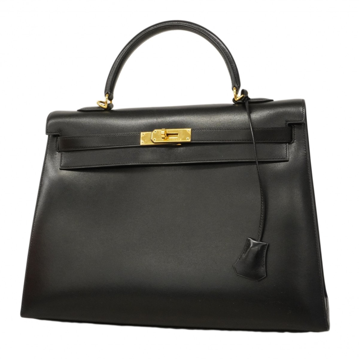 【6da0602】エルメス ハンドバッグ ケリー35 ボックスカーフ ブラック ゴールド金具 □E刻印【中古】レディース