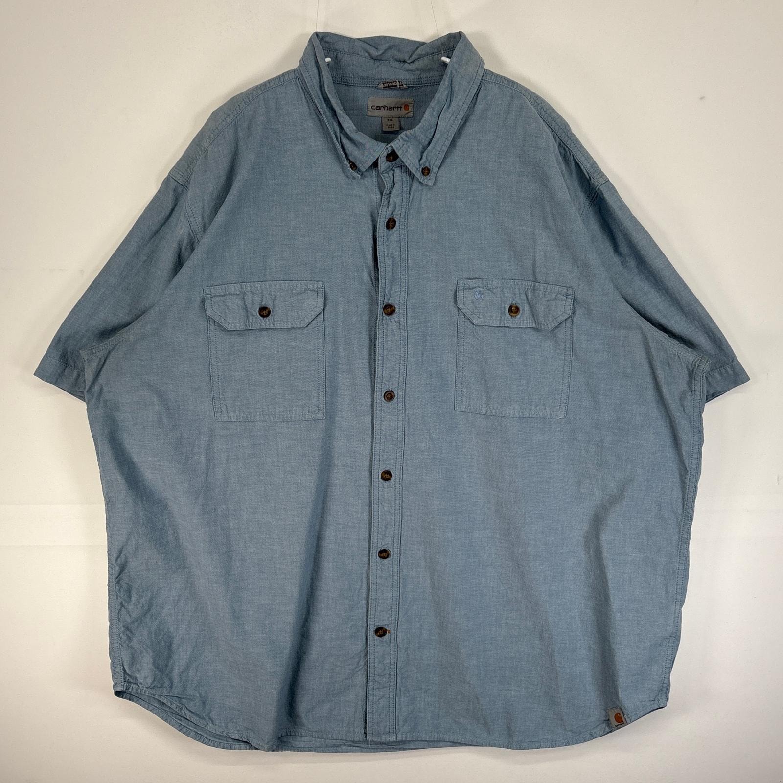 古着 カーハート Carhartt 半袖シャツ ロゴ 刺繍 フラップポケ 大きいサイズ 肉厚 3XL  水色 無地 メンズ