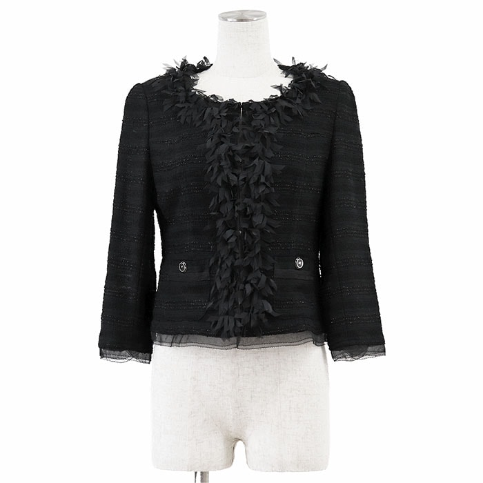 SALE【新品同様】courreges クレージュ ジャケット リボン メタリック サイズ 38 レディース シフォン シースルー ノーカラー ショート コッンンブレンド アウター ブラック 黒