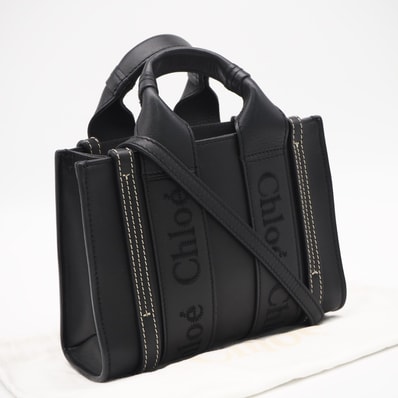 美品 Chloe クロエ カーフレザー ウッディ ミニトートバッグ CHC23UP237I60 2wayショルダーバッグ ブラック カーフレザー レディース