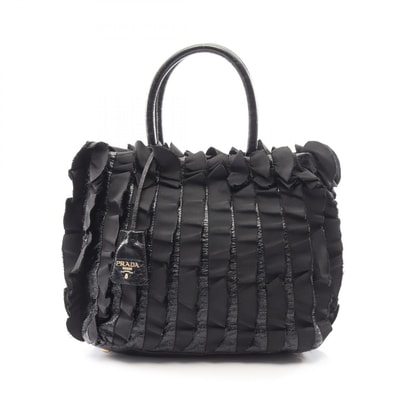 プラダ PRADA フリル ハンドバッグ バッグ ナイロン パテントレザー レディース ブラック系 【中古】