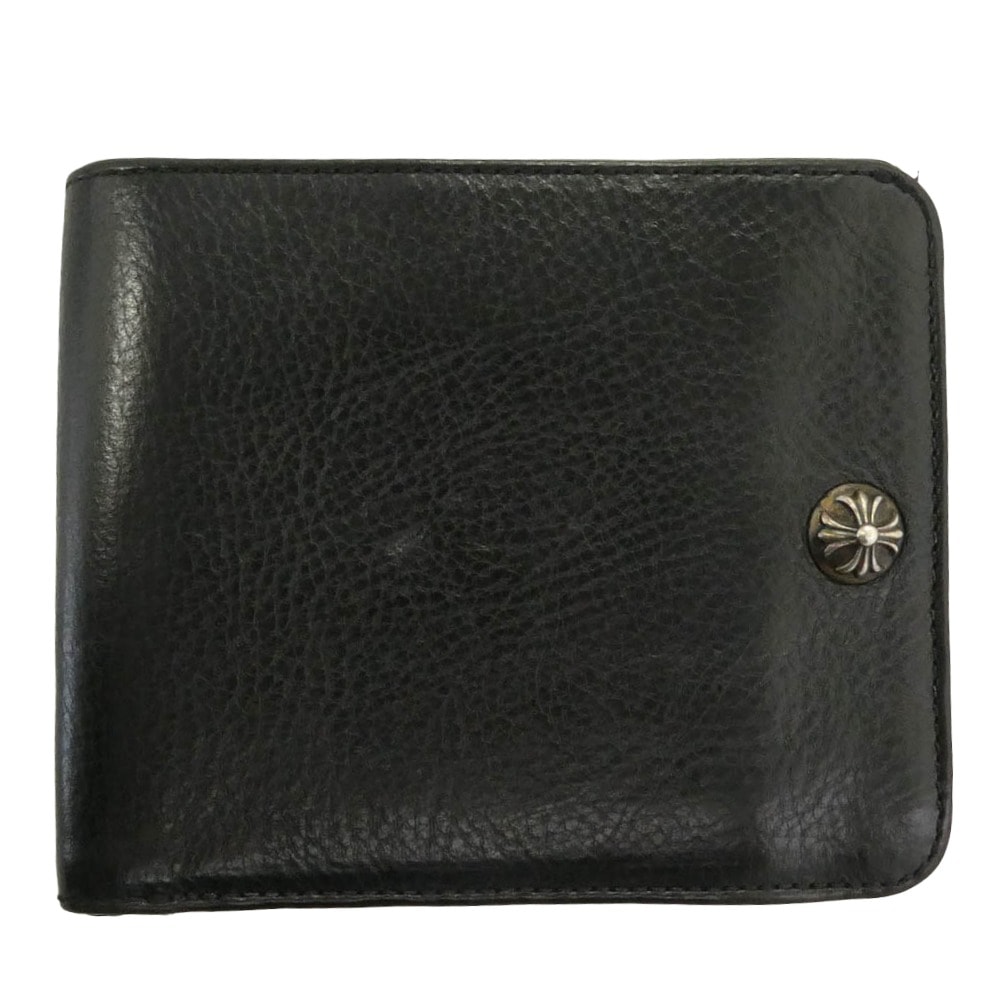 CHROME HEARTS クロムハーツ(原本有) 1SNAP 1スナップ クロス ボールボタン レザーウォレット 二つ折り財布 ブラック系【中古】