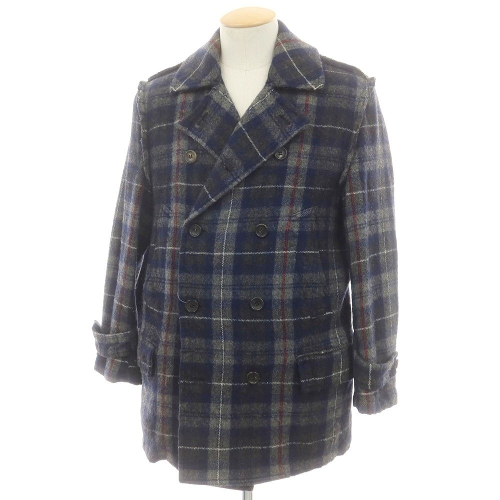 【中古】コムデギャルソンオム COMME des GARCONS HOMME ウール チェック ピーコート ネイビーxグレー【サイズSS】【メンズ】