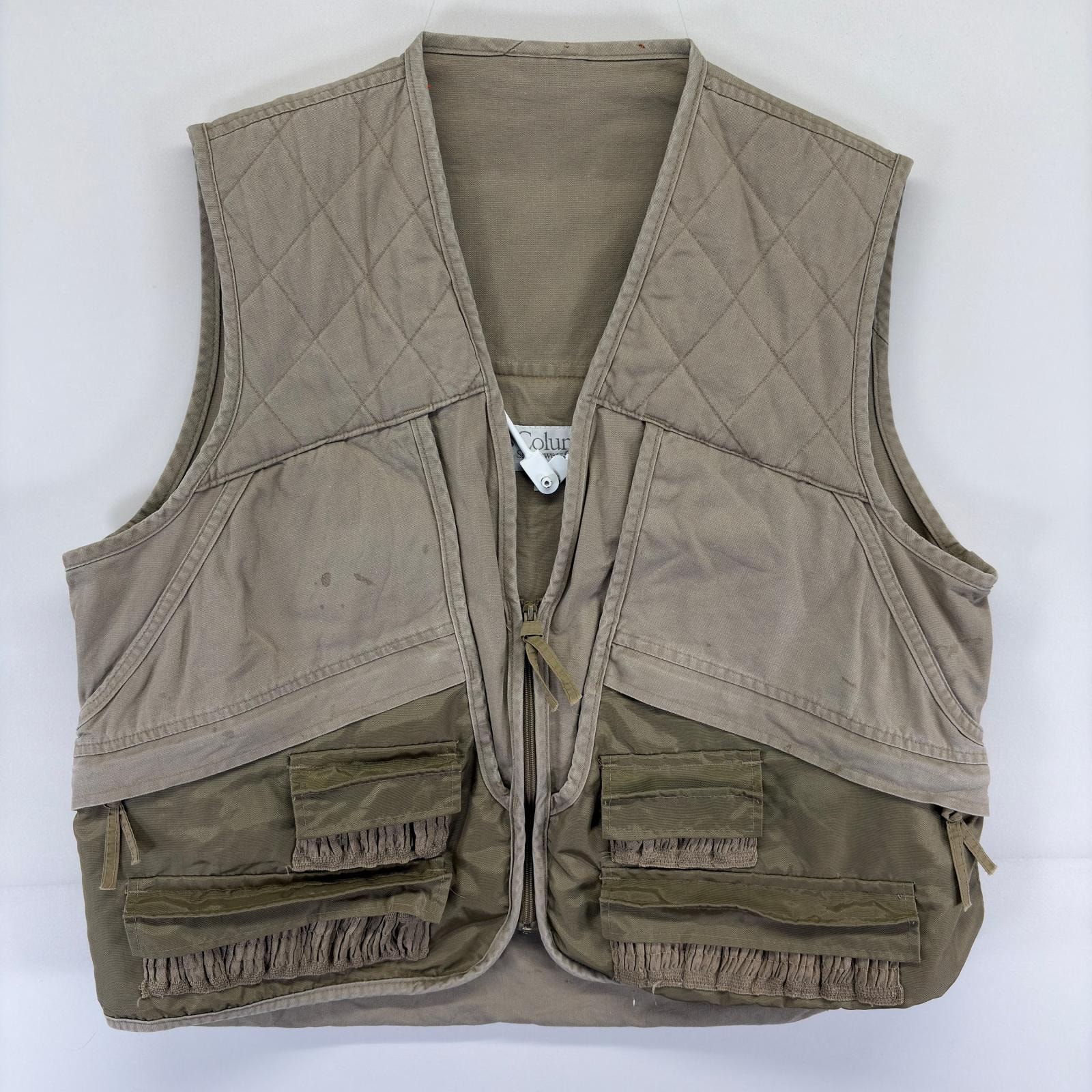 古着 90's/90年代 コロンビア Columbia ベスト ハンティング 大きいサイズ ジップアップ 胸ポケット XL  グレー系 無地 メンズ