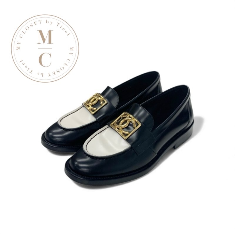 シャネル CHANEL ローファー 革靴 靴 シューズ レザー ブラック ホワイト ゴールド ココマーク フラットシューズ