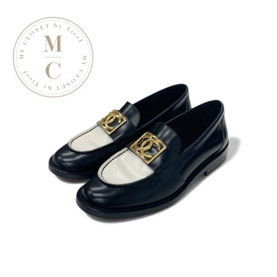 シャネル CHANEL ローファー 革靴 靴 シューズ レザー ブラック ホワイト ゴールド ココマーク フラットシューズ