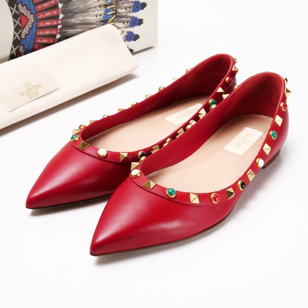 Valentino Garavani ヴァレンティノ・ガラヴァーニ ロックスタッズ パンプス サイズ36 バレリーナ フラットパンプス フラットシューズ 靴 レザー レッド イタリア製 ブランド古着【中古】20250421/RA4244