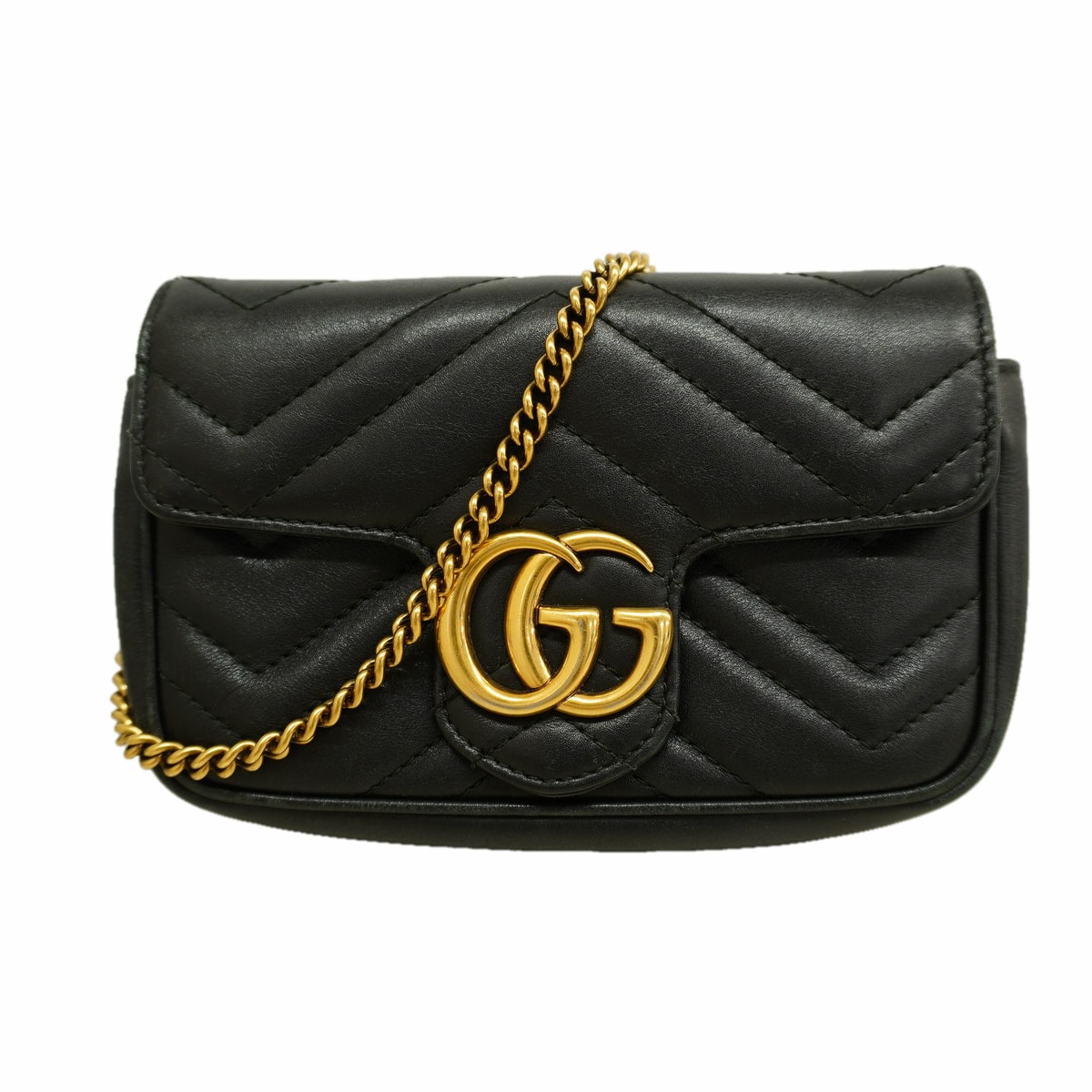 【6ia0978】グッチ ショルダーバッグ GGマーモント 476433 レザー ブラック ゴールド金具【中古】レディース