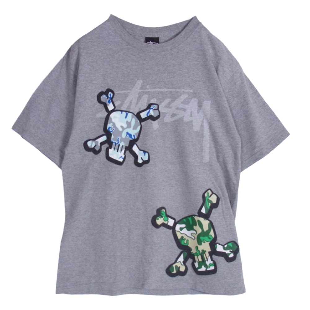 STUSSY ステューシー Tシャツ メキシコ製 SKULL TEE スカル ドクロ カモ フロント バック プリント Tシャツ 半袖カットソー グレー系 S【中古】