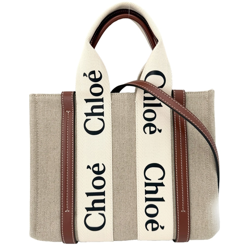 Chloe クロエ 2WAY WOODY ウッディ スモールトートバッグ ショルダーバッグ 肩掛け 斜め掛け  リネンキャンバス  カーフスキン  ベージュ ブラウン 茶 ゴールド金具 レディース 美品【中古品】