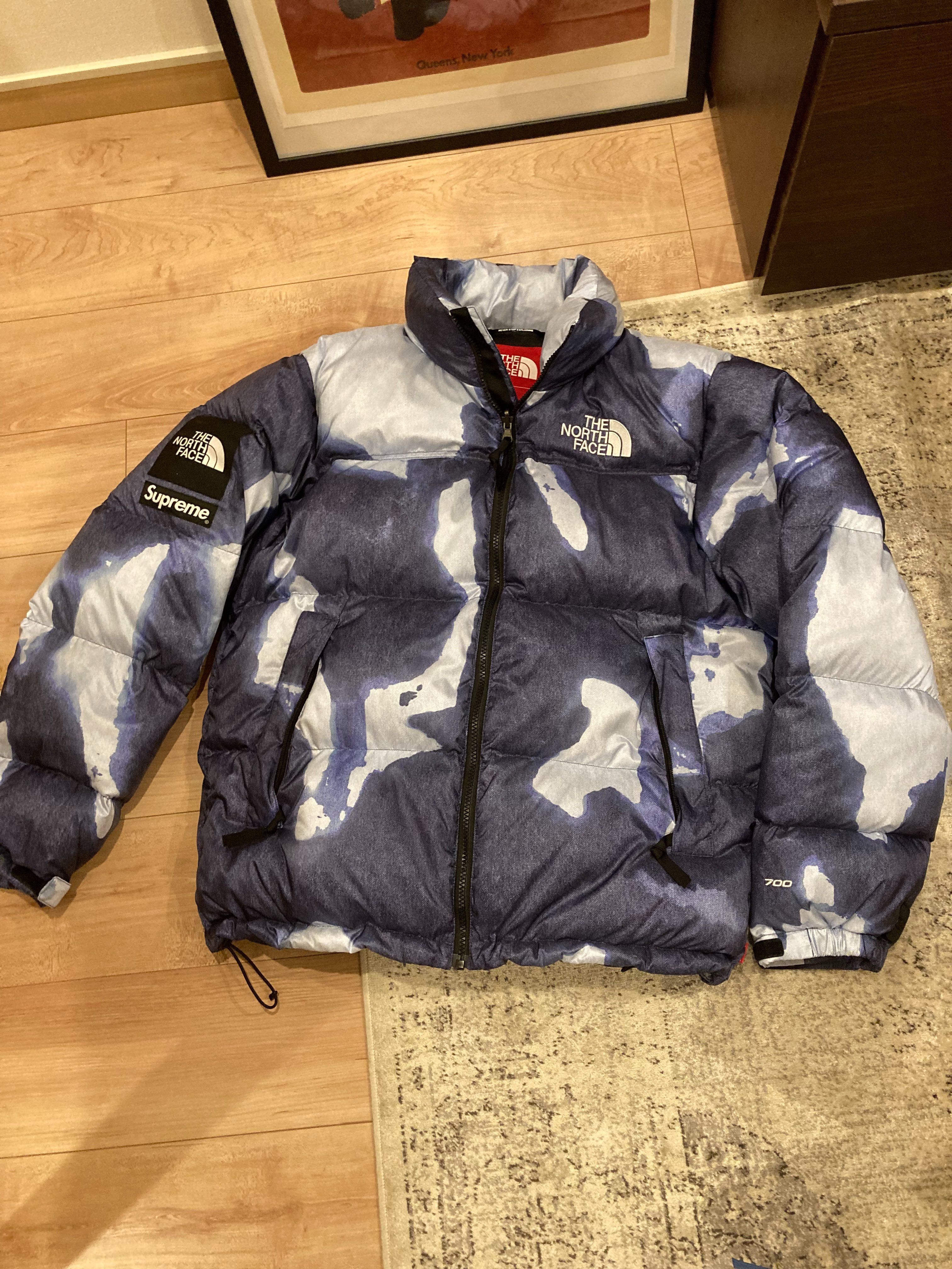 Supreme x The North Face Bleached Denim Print Nuptse Jacket "Indigo"