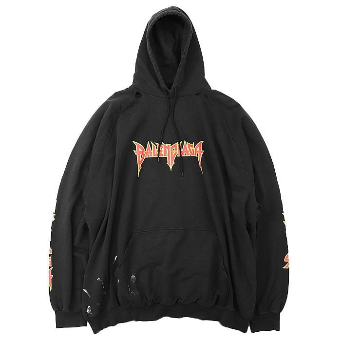 【美品】 バレンシアガ 2022SS スウェット ダメージ加工 メタルバンド風 ロゴプリント パーカー メンズ ブラック 5 BALENCIAGA