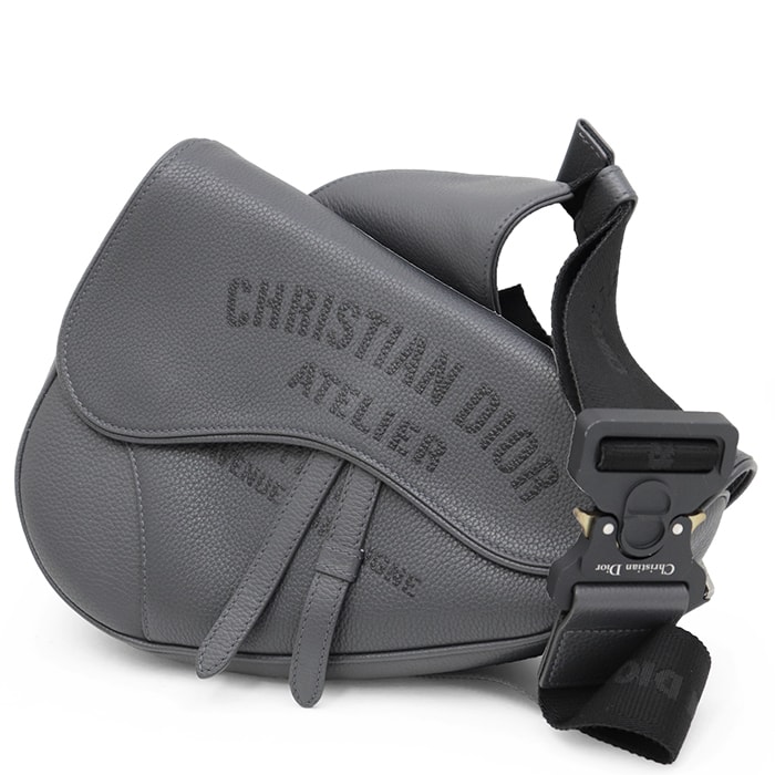 【極美品】Christian Dior クリスチャン ディオール サドルバッグ メンズ ATELIER アトリエ ショルダーバッグ レザー カバン 革 鞄 小物 箱・袋付属 グレー 灰色 イタリア製 23-BO-0270