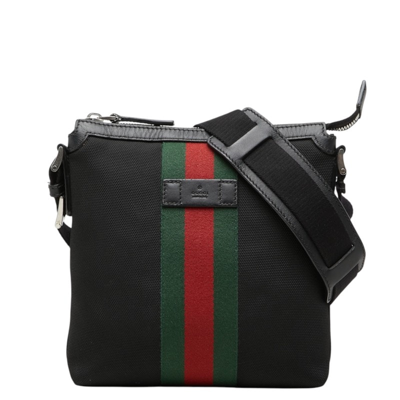 グッチ シェリーライン 斜め掛け ショルダーバッグ 631195 ブラック キャンバス レザー レディース GUCCI 【中古】