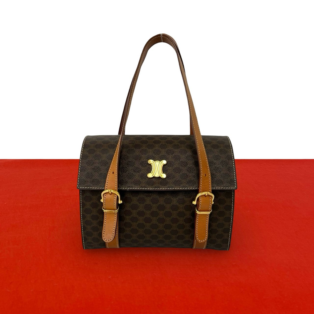 CELINE セリーヌ マカダム ブラゾン 柄 ロゴ 金具 レザー PVC ハンドバッグ ブラウン
 917-3