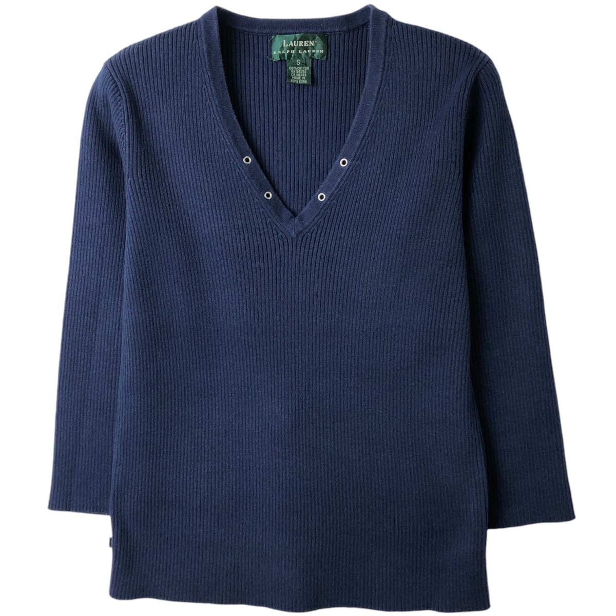 古着 ラルフローレン Ralph Lauren LAUREN ローレン リブ編み Vネック コットンニットセーター レディースS相当/eaa626282
