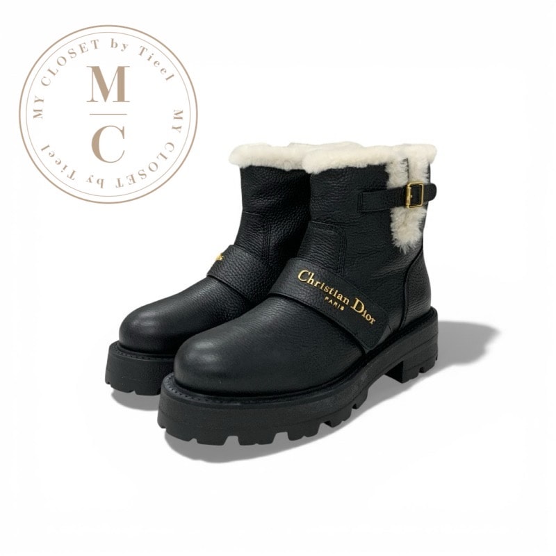 クリスチャンディオール CHRISTIAN DIOR D-Quest ブーツ ショートブーツ 靴 シューズ レザー ムートン ブラック ホワイト ロゴ