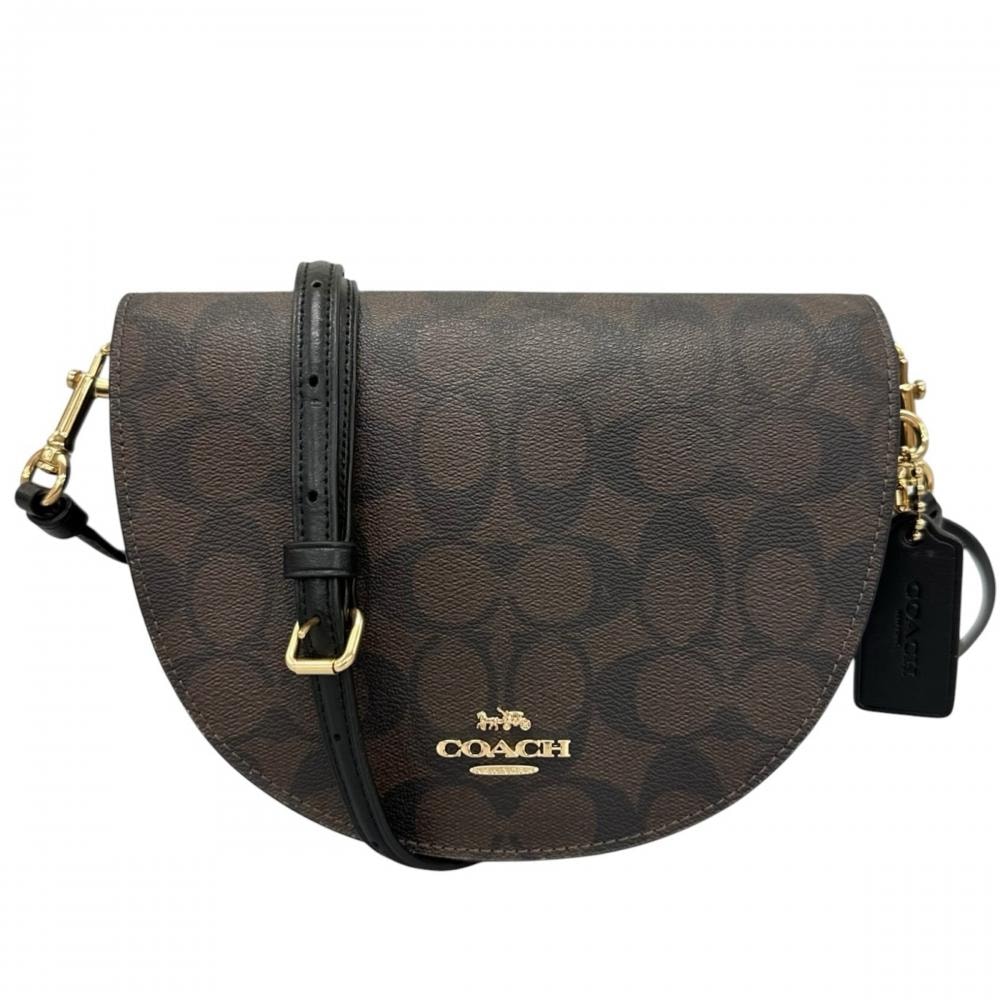 COACH コーチ ショルダーバッグ シグネチャー エレン ハーフムーン 斜め掛け C1430 PVCコーティングキャンバス    ブラウン 茶 ゴールド金具 レディース【中古品】