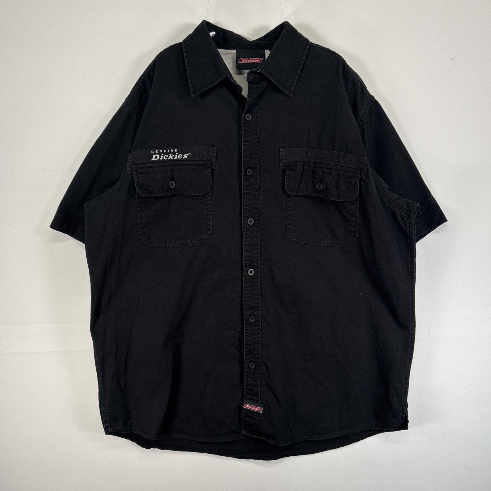 古着 ディッキーズ Dickies 半袖シャツ ワンポイント ロゴ ワーク 作業着 フラップポケ 大きいサイズ 肉厚 XL  ブラック 無地 メンズ