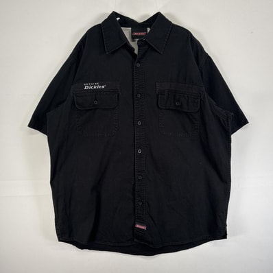 古着 ディッキーズ Dickies 半袖シャツ ワンポイント ロゴ ワーク 作業着 フラップポケ 大きいサイズ 肉厚 XL ブラック 無地 メンズ