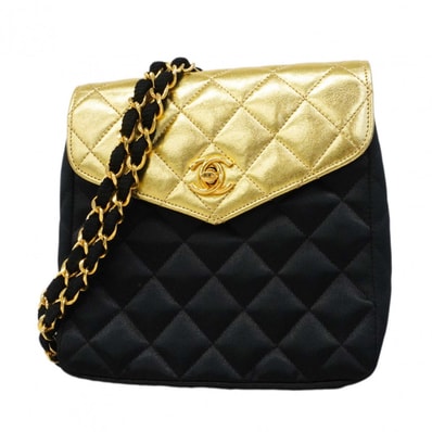 【6dc3608】シャネル ショルダーバッグ マトラッセ チェーンショルダー ラムスキン サテン ブラック ゴールド ゴールド金具【中古】レディース