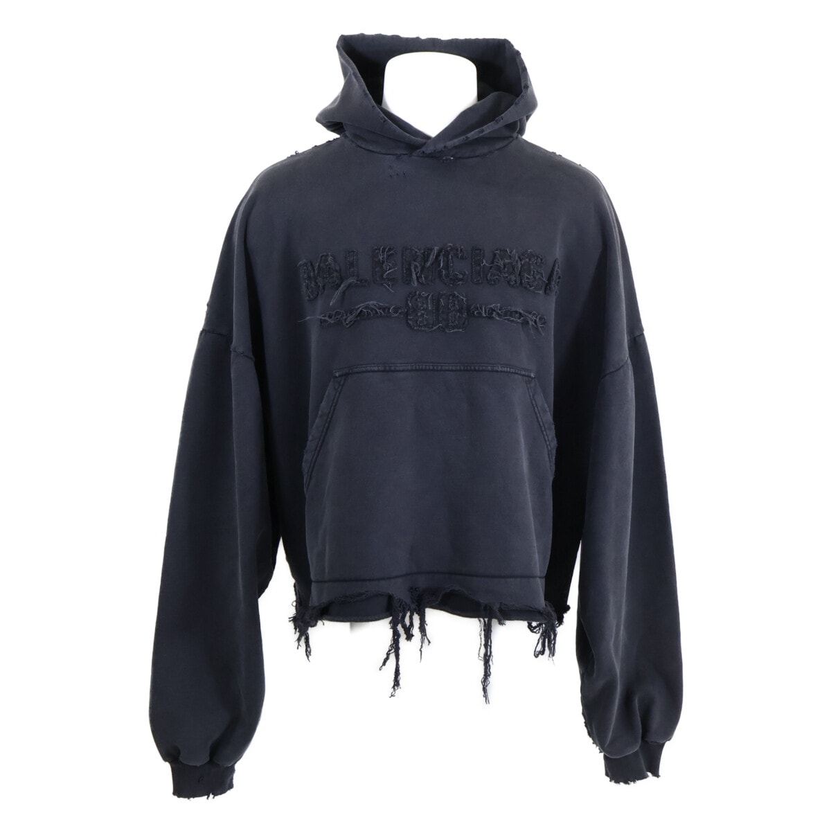 バレンシアガ 【新品同様/国内正規/24年製】783397 フロントロゴ フレイドデストロイ加工 プルオーバー クロップド パーカー 3