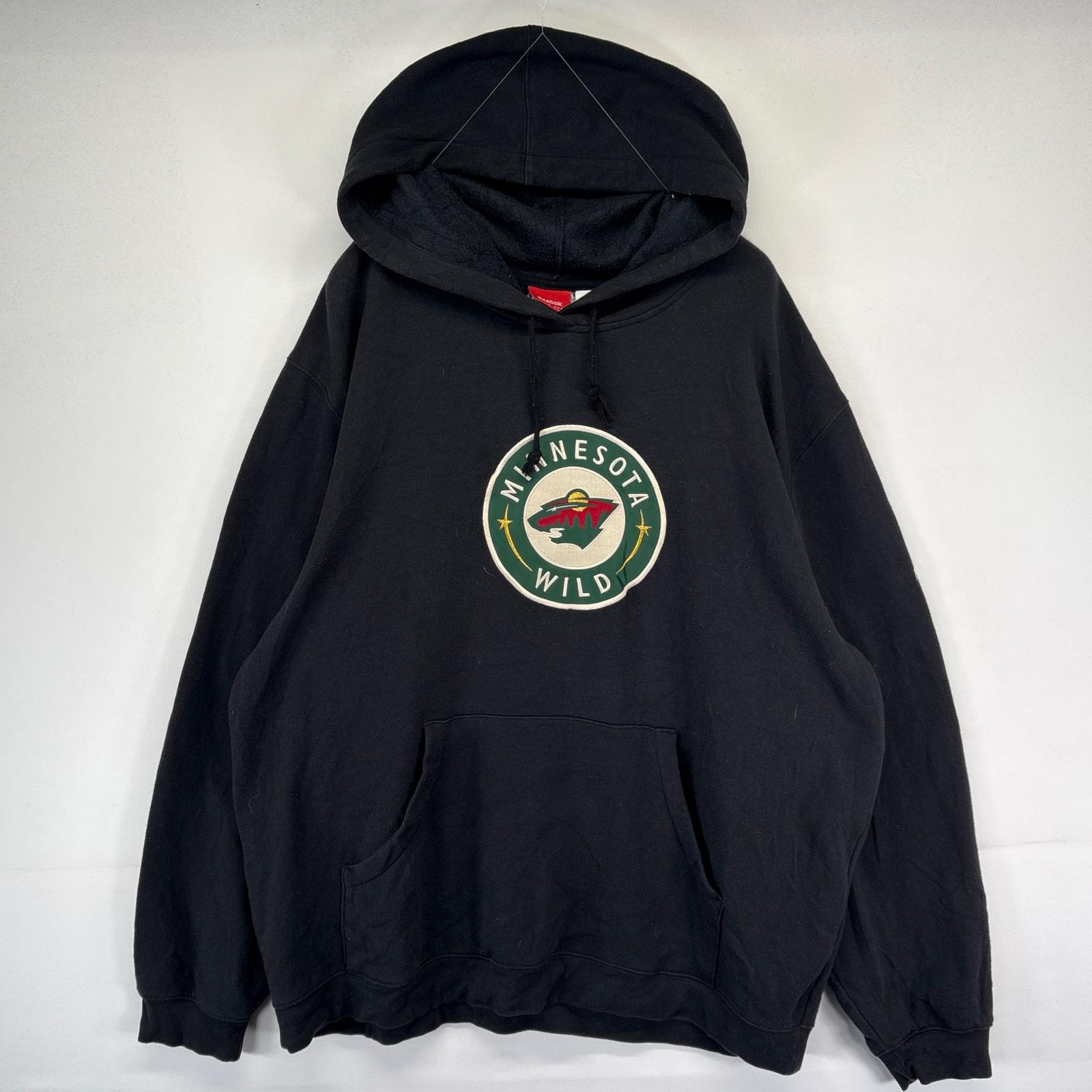 古着 リーボック Reebok パーカー プルオーバー カレッジ ミネソタ ワッペン 刺繍ロゴ スウェット XL  ブラック系 メンズ
