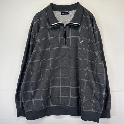 古着 ノーティカ NAUTICA スウェット ハーフジップ ワンポイントロゴ刺繍 チェック 大きいサイズ 3XL グレー系 チェック メンズ