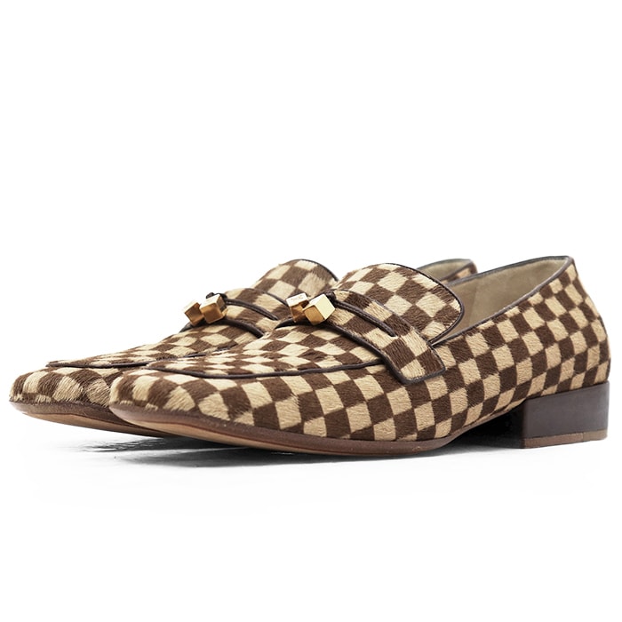 SALE【美品】LOUIS VUITTON ルイ・ヴィトン ローファー ダミエ ソバージュ サイズ 37 レディース LV ロゴ チャーム ハラコ スリッポン シューズ 靴 ブラウン×ベージュ 茶色 イタリア製