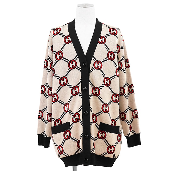【極美品】GUCCI グッチ リバーシブルカーディガン サイズ L メンズ ロゴ GGスプリーム インターロッキング ジャガード ダブルフェイスニット ストレッチ ロングスリーブ 長袖 レディース着用可 トップス アイボリー ブラック 黒 総柄 イタリア製