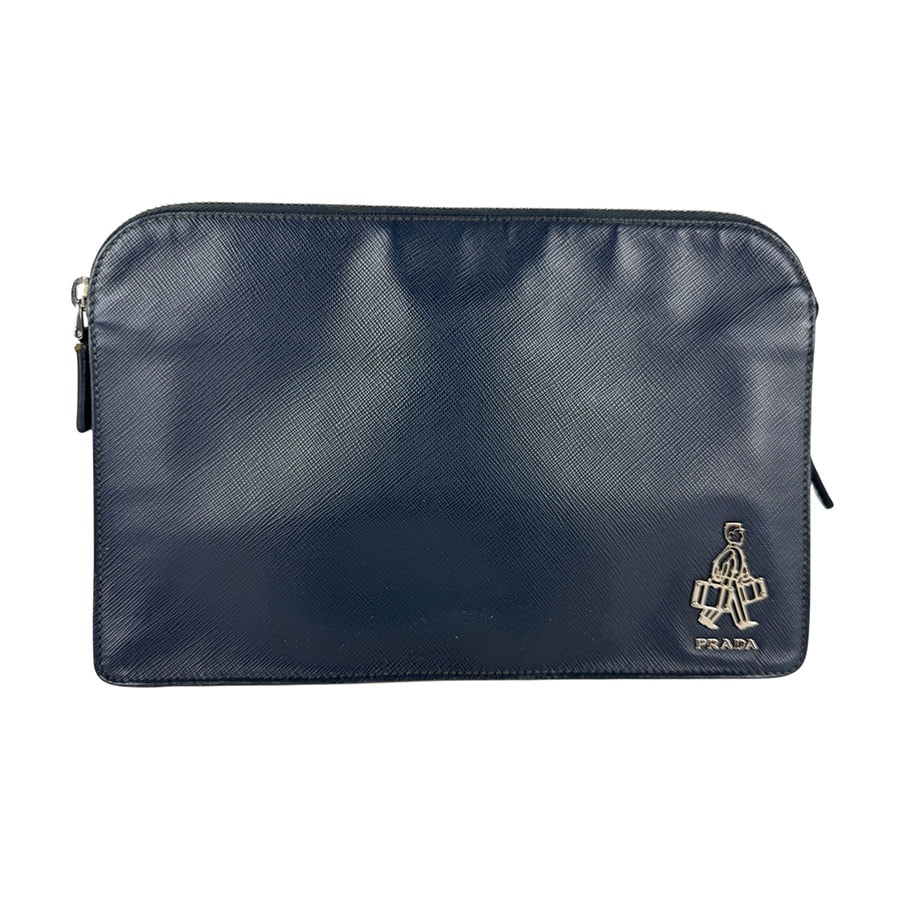 プラダ PRADA セカンドバッグ レザー ネイビー メンズ【中古】 z7050