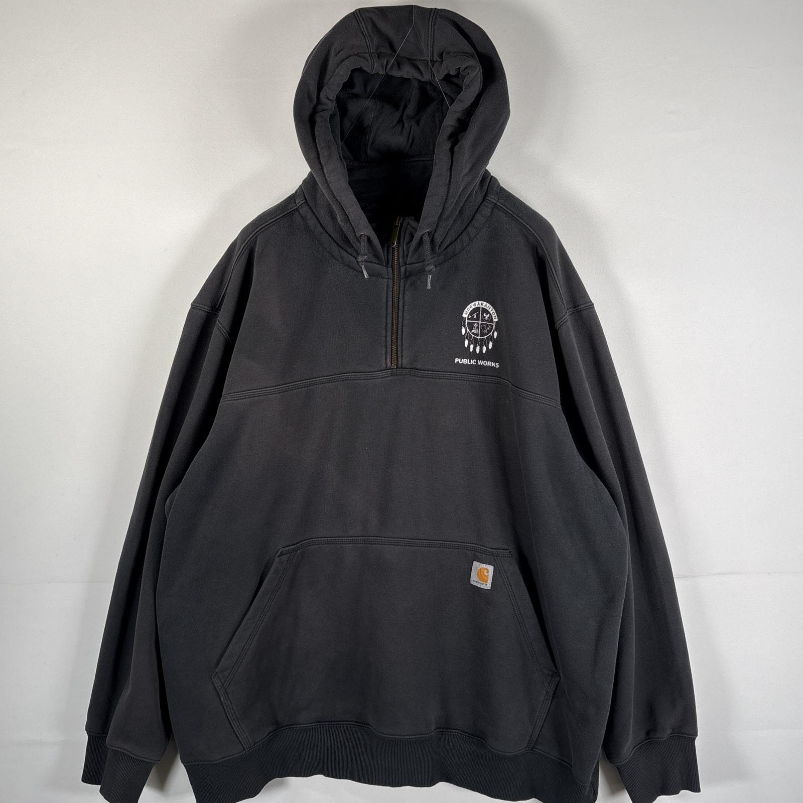 古着 カーハート Carhartt パーカー ハーフジップ ワンポイントロゴ 大きいサイズ レインディフェンダー 14042  ダークグレー メンズ
