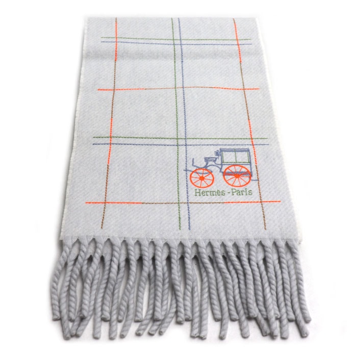 HERMES エルメス グラン・ブロデ・ベルリンヌ マフラー グレー グリ・デュ・ノール H259149S 01 レディース【中古】【美品】