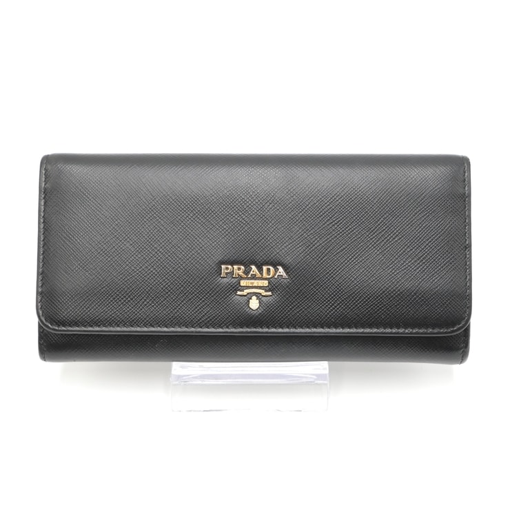 PRADA(プラダ)サフィアーノ 長財布 フラップウォレット ブラック 黒 レザー ゴールド金具 ロゴ金具 二つ折り レディース【中古】