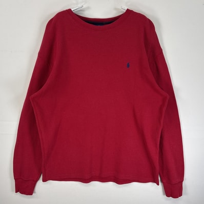 古着 ポロ・ラルフローレン POLO RALPH LAUREN 長袖Tシャツ ロゴ 刺繍 サーマル ワッフル L レッド 無地 メンズ