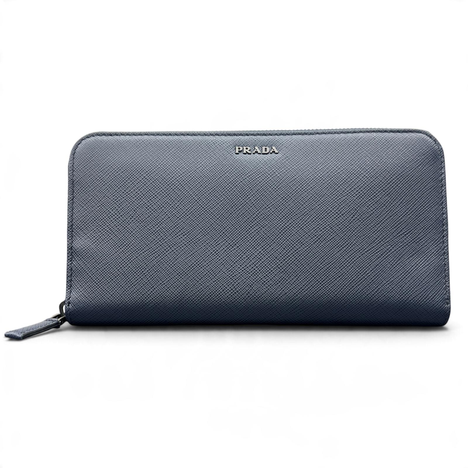 PRADA 極美品 プラダ SAFFIANO サフィアーノ ラウンドファスナー長財布 2ML317 サフィアーノレザー ネイビー ロゴ ロングウォレット 箱付き Aランク 鑑定済 中古 プラダ財布