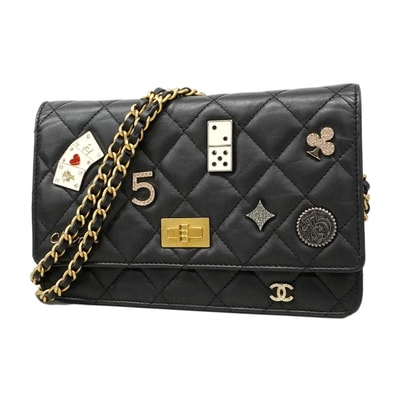 【6fa0810-k】シャネル ショルダーウォレット 2.55/マトラッセ チェーンショルダー ラムスキン ブラック ゴールド/シルバー金具【中古】レディース