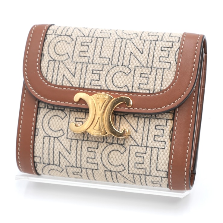 CELINE(セリーヌ)トリオンフ ロゴ コンパクトウォレット 三つ折り財布 キャンバス レザー アイボリー ブラウン ゴールド金具 レディース【中古】