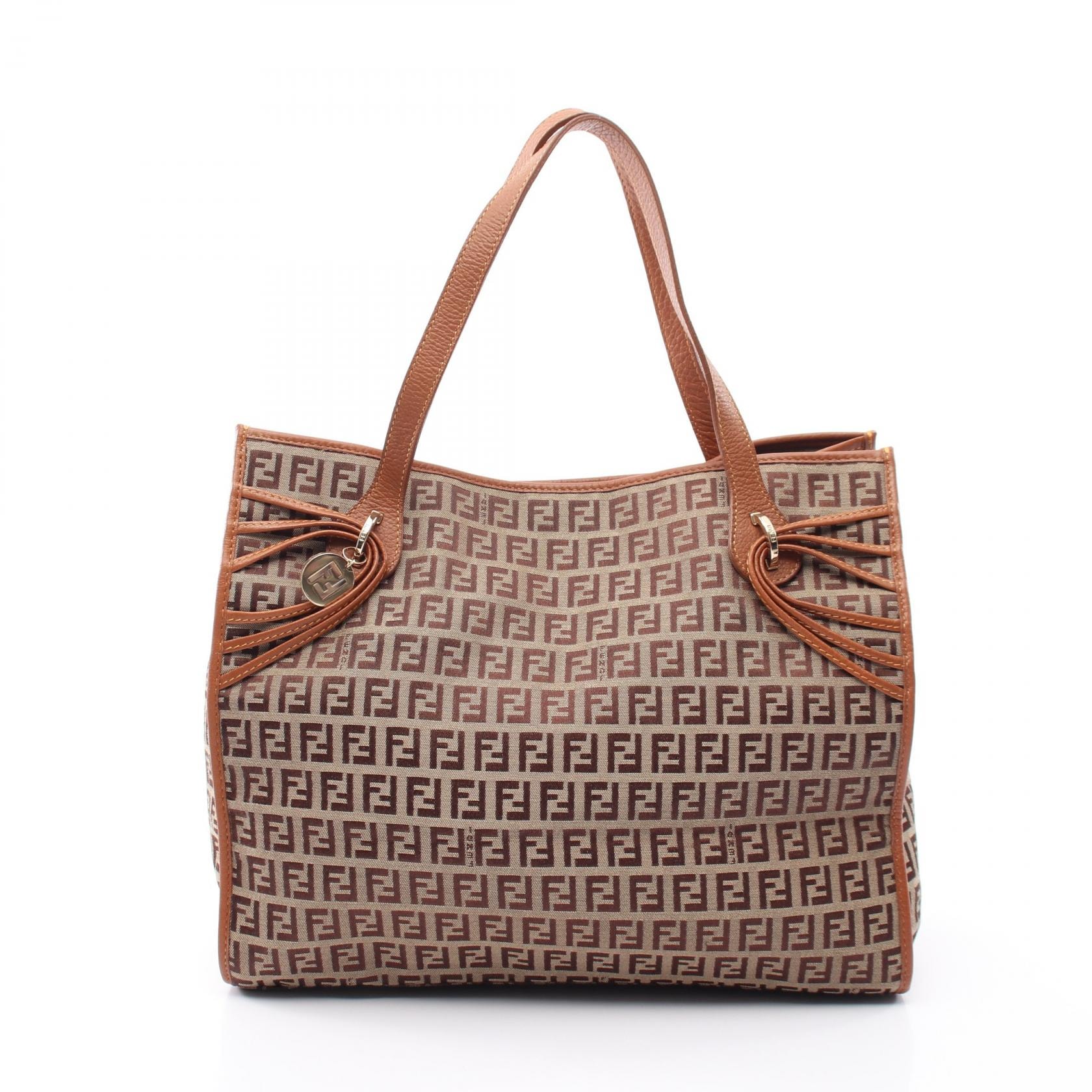 フェンディ FENDI ズッキーノ トートバッグ バッグ キャンバス レザー レディース ベージュ系 / ブラウン系 8BH153 【中古】