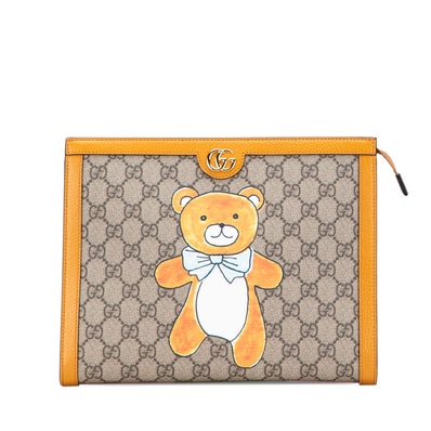グッチ × EXO KAI GGスプリーム テディベア クラッチバッグ 660513 ベージュ オレンジ PVC レザー レディース GUCCI 【中古】