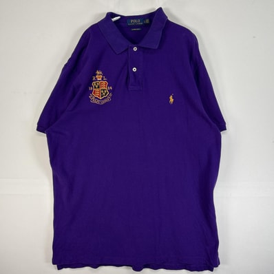 古着 ポロ・ラルフローレン POLO RALPH LAUREN 鹿の子 半袖 ポロシャツ ロゴ 刺繍 エンブレム 大きいサイズ XL パープル 無地 メンズ